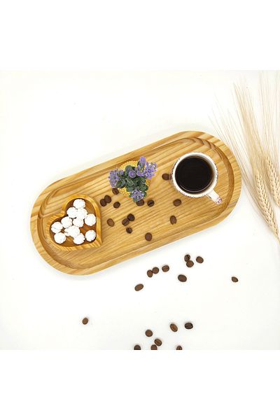 BİLWOOD Wooden Oval Coffee Presentation Tray 27x12x1,8 Mini Heart Sugar Bowl
