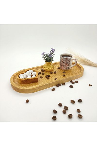 BİLWOOD Wooden Oval Coffee Presentation Tray 27x12x1,8 Mini Heart Sugar Bowl