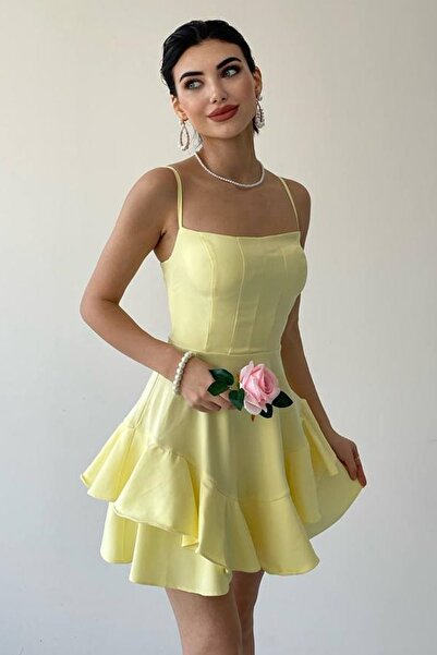 bayansepeti Women's Skirt Floor Detailed Adjustable Thin Strap Yellow Evening Dress 102