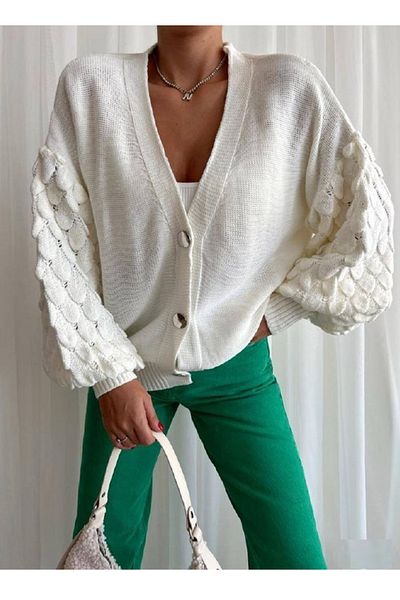 bayansepeti White Knitwear Fabric Oversize Cardigan with Buttoned Sleeves and Design Detail 0142