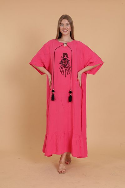 mervemoda Women's Fuchsia Embroidered Detail Large Size Short Sleeve Woven Dress