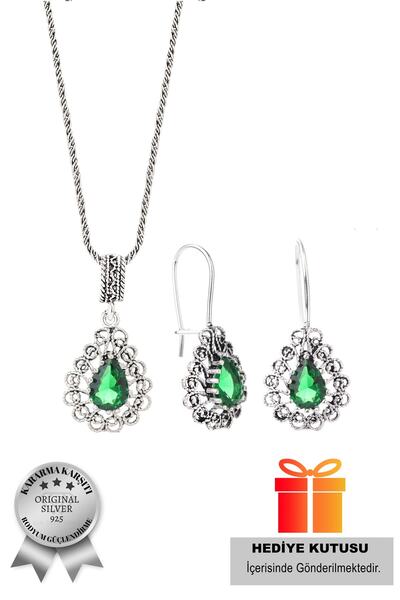 ADA LİFE GÜMÜŞ 925 Ayar Gümüş Taşlı Damla Model Oksitli Telkari Kadın Set (ÖZEL KUTULU)