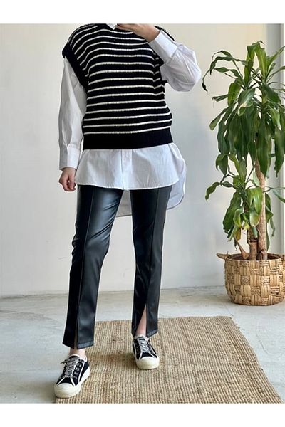 My Blog Women's Black-Ecru Striped Short Sweater