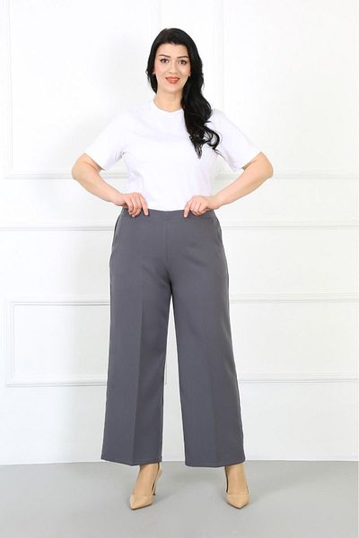 By Alba Collection Women's Gray Dumbbell Fabric Oval Pocket Large Size Trousers with Elastic Back
