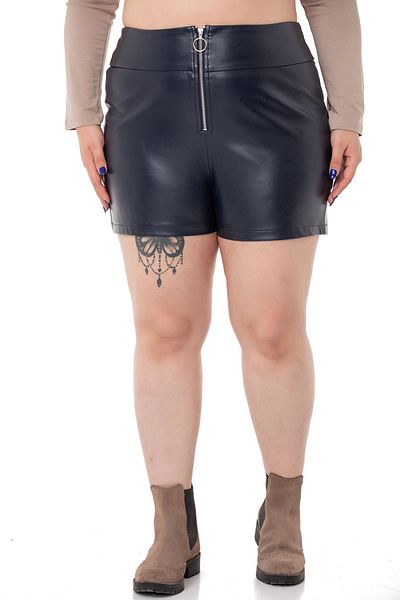 DISENTIS MODEST Large Size Zipper Closure Navy Blue Leather Shorts