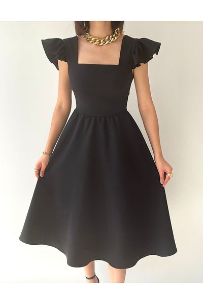 bayansepeti Black Atlas Fabric Design na ramenou Detailní čtvercový límec Midi večerní šaty 125