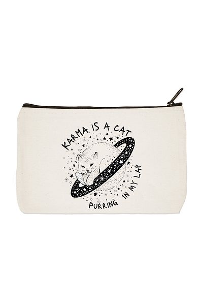 designedfy Karma Is A Cat 3 Printed υφασμάτινη τσάντα μακιγιάζ Τσάντα χειρός μολυβοθήκη