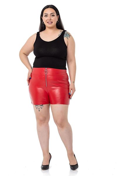 DISENTIS MODEST Plus Size Zipper Closure Red Leather Shorts