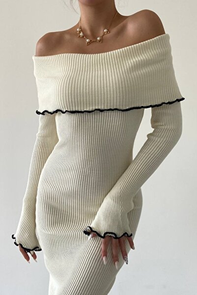 bayansepeti Pletená látka Večerní šaty s dlouhým rukávem Carmen Límec Midi Délka Stone Color 175