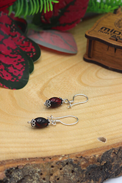 Midyat Nurtaş Gümüş Bordo Kehribar Taşlı 925 Ayar Gümüş Küpe 201022732