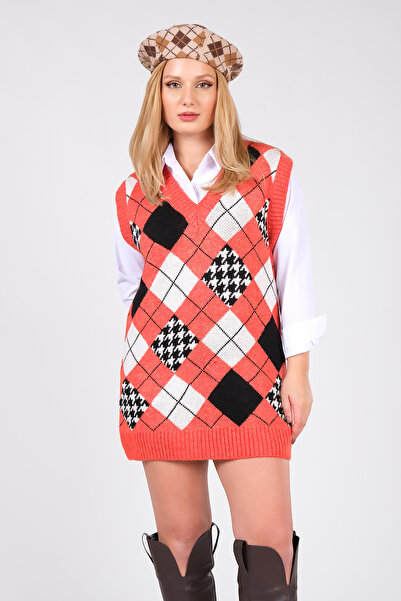 Giyim Dünyası Women's Baklava Pattern Oversize Knitwear Sweater Orange