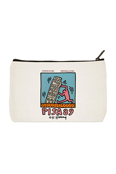 designedfy كيث هارينج بيزا 89 حقيبة مكياج قماشية مطبوعة، حامل قلم، حقيبة يد