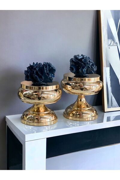 ArzzHome Dekoratif 2'li Mercan Ayaklı Kutu & Obje RoseGold / Lacivert