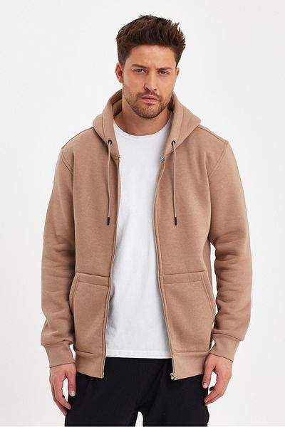 CLIPMAN Ανδρική πλεκτή πλεκτή 3 κλωστή με φερμουάρ Fleece Cardigan Milk Coffee