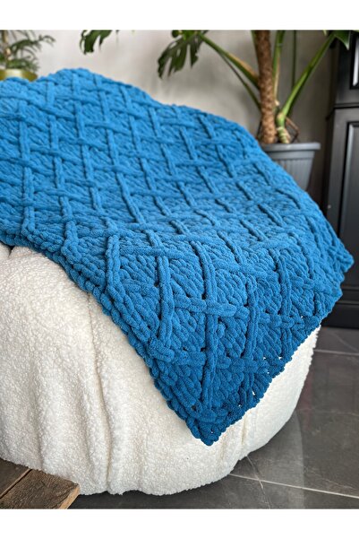 Missworble Puffy Hand Knitted Fireplace and TV Blanket Diamond Patterned Petrol Blue 90 X 165 Cm