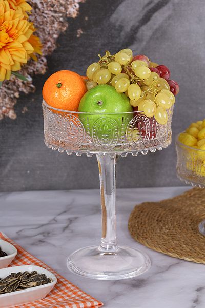 Multiamo Handmade Transparent Glass Round Standing Presentation Bowl Presentation Bowl Fruit Bowl Salad Bowl 19x25 CM