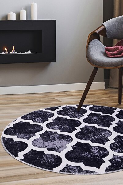 Dijidekor Covor lavabil rotund, negru, fără franjuri, imprimat digital, 160X160