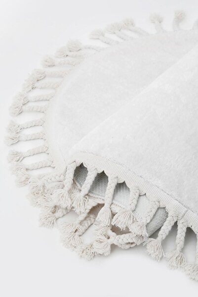 Dijidekor Λευκό στρογγυλό χαλί υφαντό με κρόσσια βελούδινο χαλί αντιβακτηριδιακό 100X100