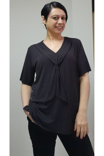 Mertcan Butik Black scarf collar look short-sleeved combed cotton Viscose T-shirt