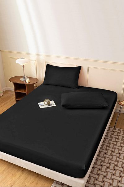 Evlen Home Collection Ranforce Fabric 100% Cotton Single / Double Elastic Sheet Set 3 Pieces Black| Hotel Bed Sheet