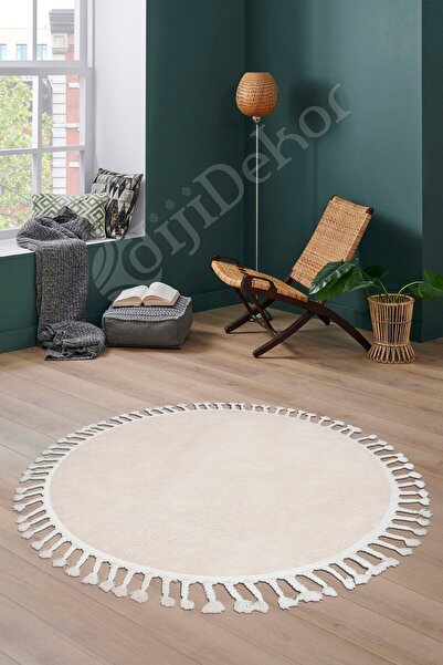 Dijidekor Luxury Post Plush Plain Cream Round Fringed Bohemian Bath Rug 150X150
