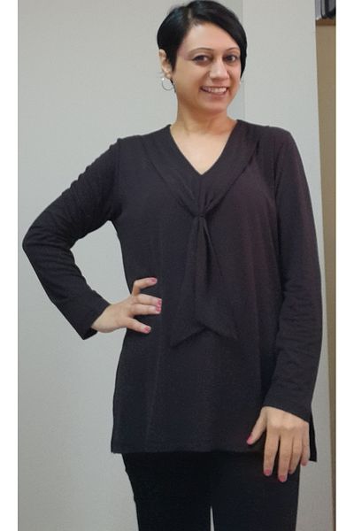 Mertcan Butik Black kerchief look combed cotton viscose long-sleeved T-shirt