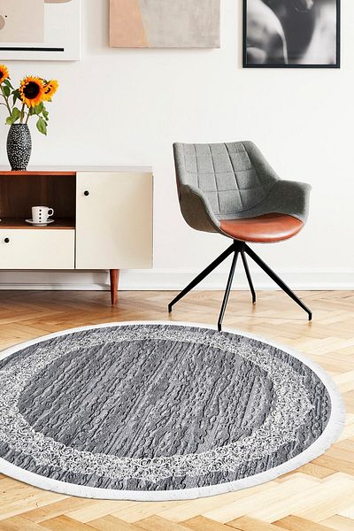 Dijidekor Decorative Digital Fringed Round Carpet Washable Antiallergic Gray 120X120