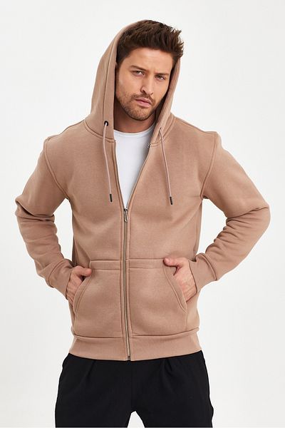 CLIPMAN Ανδρική πλεκτή πλεκτή 3 κλωστή με φερμουάρ Fleece Cardigan Milk Coffee