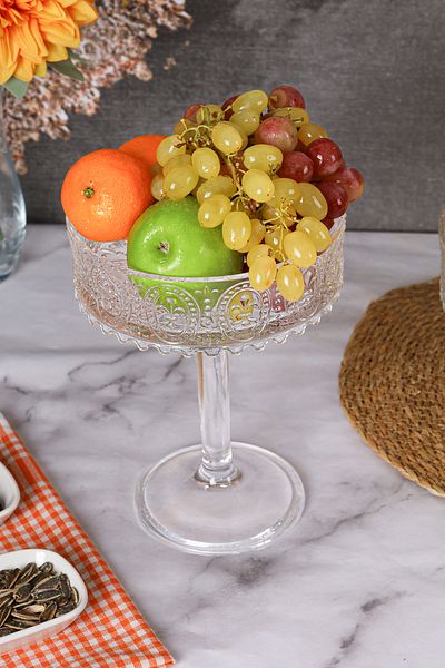 Multiamo Handmade Transparent Glass Round Standing Presentation Bowl Presentation Bowl Fruit Bowl Salad Bowl 19x25 CM