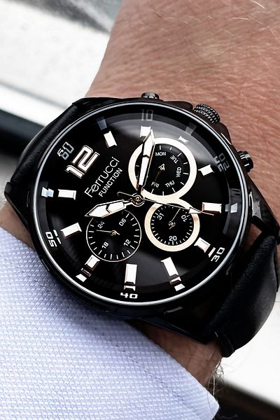 Ferrucci Function Men's Wristwatch 3 Atm Waterproof Black Color Leather Band + Gift Bracelet FRE2043C4