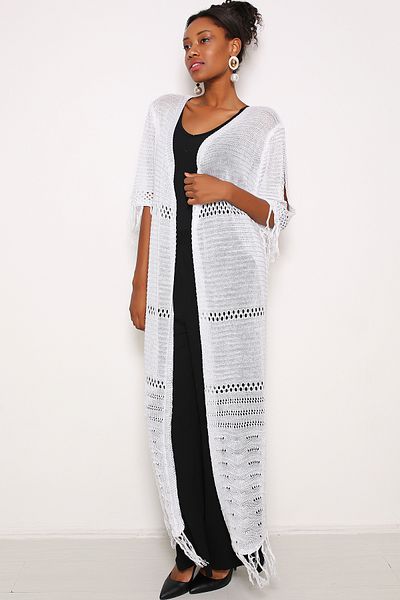AVORWE Openwork Knitted Sleeve Slit Detailed Open Front Long Knitwear Cardigan