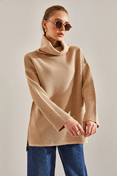 Bianco Lucci Women's Turtleneck Ottoman Knitted Oversize Knitwear Sweater