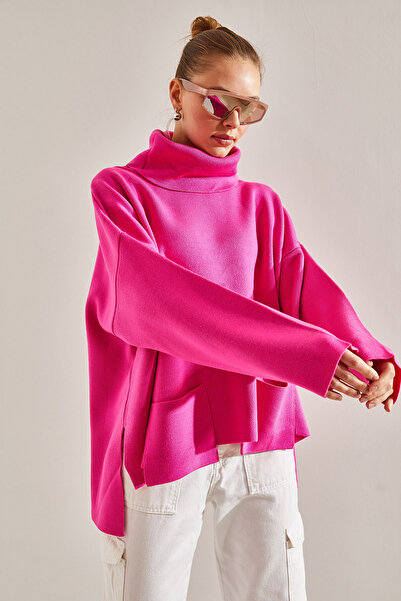 Bianco Lucci Women's Turtleneck Double Pocket Oversize Knitwear Sweater