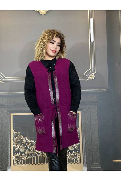 Yeşilmoda personality vest thick fabric over-the-knee with stones