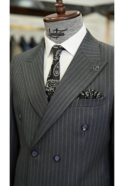 LONATOLİA Erkek Çizgili Kruvaze Takım Elbise İtalyan Stil Slim Fit Ceket Pantolon