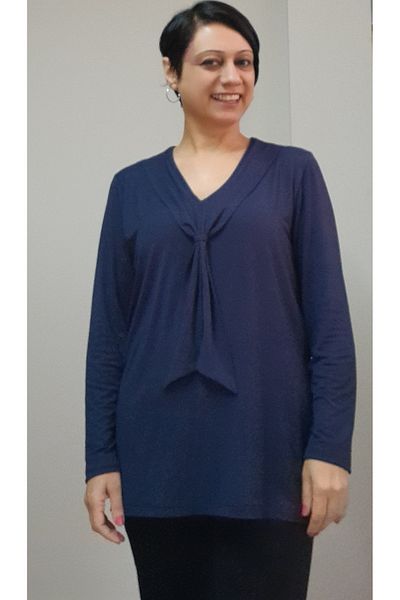 Mertcan Butik Dark blue kerchief collar look long-sleeved combed cotton Viscose T-shirt