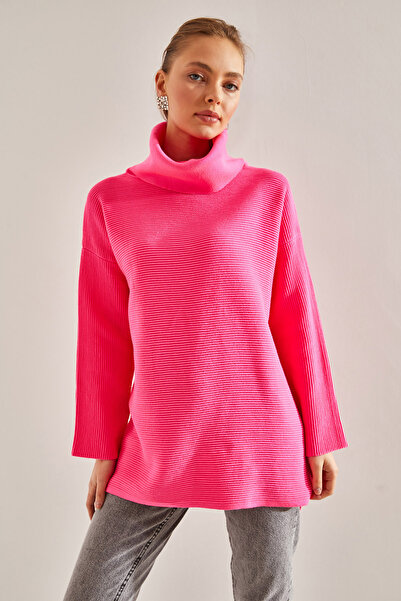 Bianco Lucci Women's Turtleneck Ottoman Knitted Oversize Knitwear Sweater