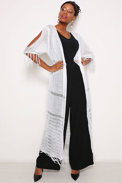 AVORWE Openwork Knitted Sleeve Slit Detailed Open Front Long Knitwear Cardigan
