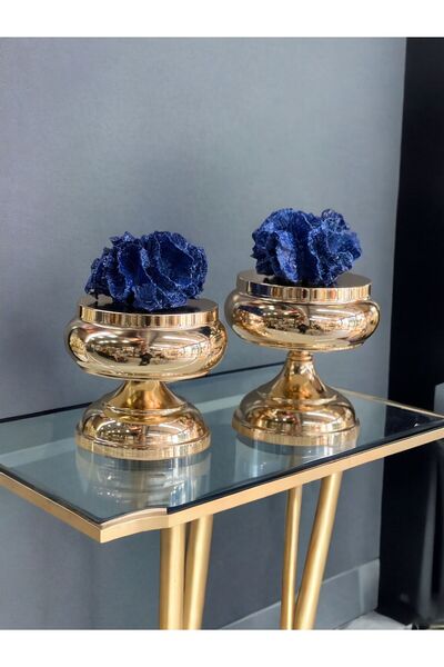 ArzzHome Dekoratif 2'li Mercan Ayaklı Kutu & Obje RoseGold / Mavi