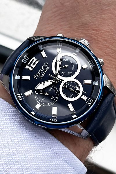 Ferrucci Function Men's Wristwatch 3 Atm Waterproof Navy Color Leather Band + Gift Bracelet FRE2043C3