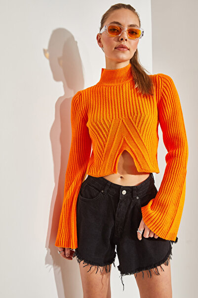 Bianco Lucci Women's Half Fisherman Patterned Crop Sweater