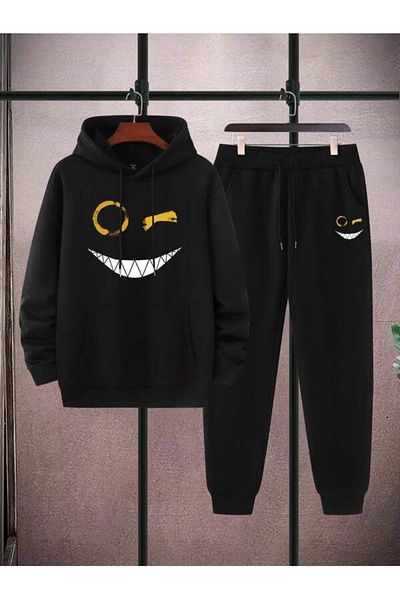 MOONBULL Unisex Σετ αθλητικής φόρμας με στάμπα με κουκούλα χαμόγελο