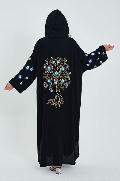 AYASOFYA OTANTIK Γυναικείο μαύρο φόρεμα με κουκούλα στην πλάτη και στα μανίκια Life Tree Print Λεπτομερές γιακά με φερμουάρ