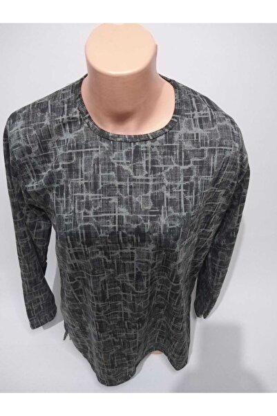 YAŞAR TRİKO Kadın Yeşil Desenli Bisiklet Yaka Uzun Kollu Yanları Yırtmaçlı Me...