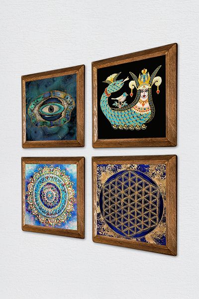 Pinecone Mandala, Evil Eye, Flower of Life, Shahmeran Stone Wall Painting with Wooden Frame Wall Decor Painting W4-787