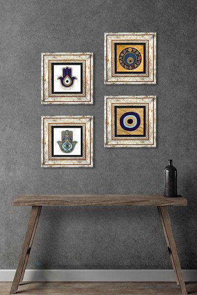 Pinecone Evil Eye, Fatma Mother Hand (Hamsa) Stone Wall Painting Framed Wall Decor 4 Piece Painting Set Tk4-1807