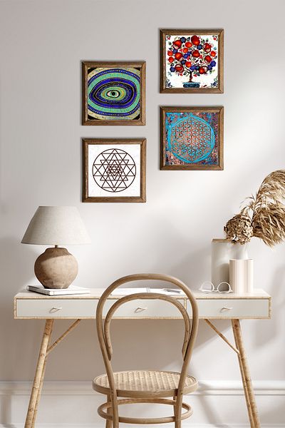 Pinecone Evil Eye, Floarea Vieții, Sri Yantra, Pictură pe perete din piatră de pom de rodie Decor de perete cu rame din lemn Pictură din 4 piese