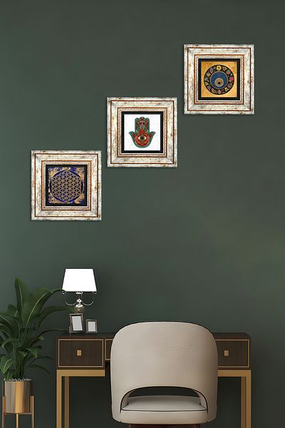 Pinecone Flower of Life, Fatma Mother Hand (Hamsa), Evil Eye Stone Wall Painting Framed Wall Decor Set of 3