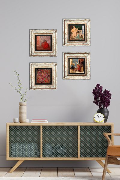 Pinecone Pattern, Pomegranate, Chess Game, Two Musicians Girl Painting Stone Wall Painting Framed Wall Decor 4 Pieces