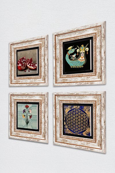 Pinecone Marbling Art, Flower of Life, Shahmeran, Pomegranate Stone Wall Painting Framed Wall Decor Set of 4 Tk4-773